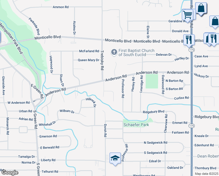 map of restaurants, bars, coffee shops, grocery stores, and more near 4753 Fay Drive in South Euclid