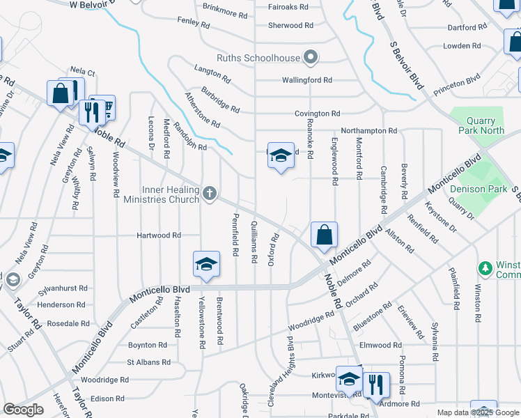map of restaurants, bars, coffee shops, grocery stores, and more near 2480 Noble Road in Cleveland Heights
