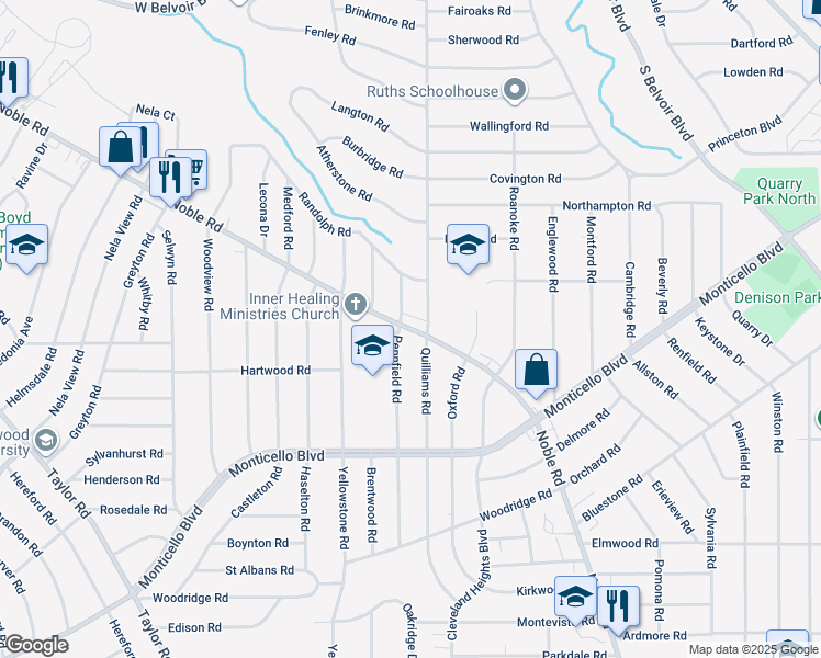 map of restaurants, bars, coffee shops, grocery stores, and more near 2452 Noble Road in Cleveland Heights