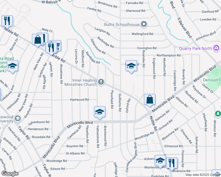 map of restaurants, bars, coffee shops, grocery stores, and more near 2452 Noble Road in Cleveland Heights