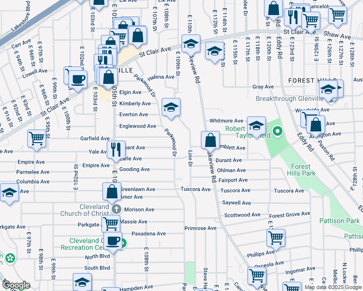 map of restaurants, bars, coffee shops, grocery stores, and more near 888 Linn Drive in Cleveland