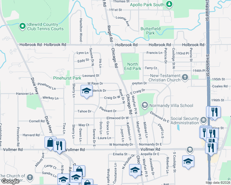 map of restaurants, bars, coffee shops, grocery stores, and more near 177 Craig Drive West in Chicago Heights