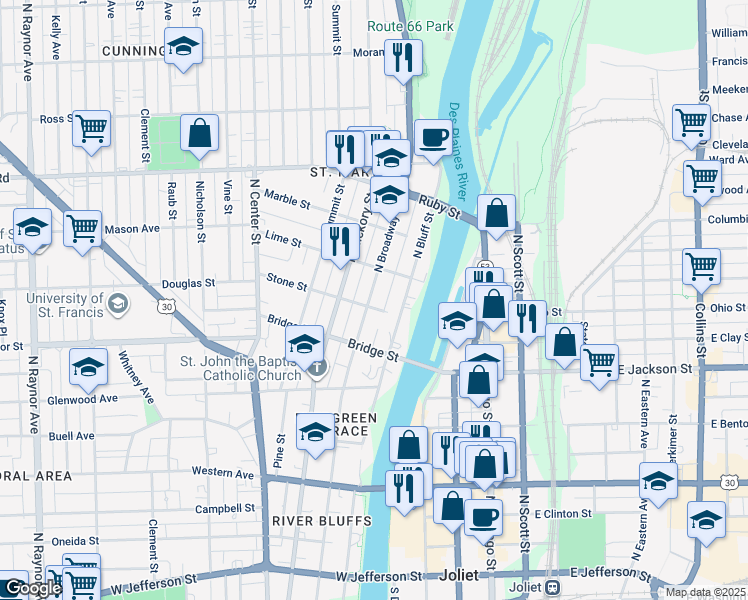 map of restaurants, bars, coffee shops, grocery stores, and more near 159 Stone Street in Joliet