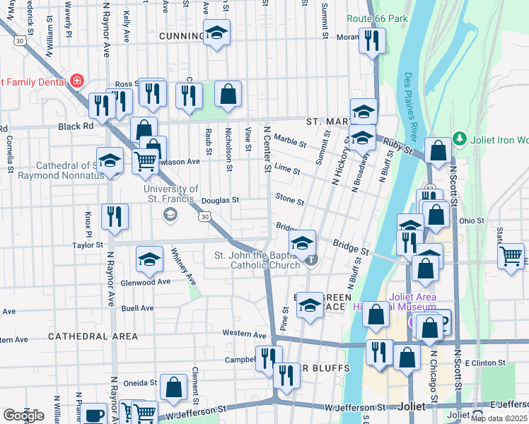 map of restaurants, bars, coffee shops, grocery stores, and more near 403 Bridge Street in Joliet