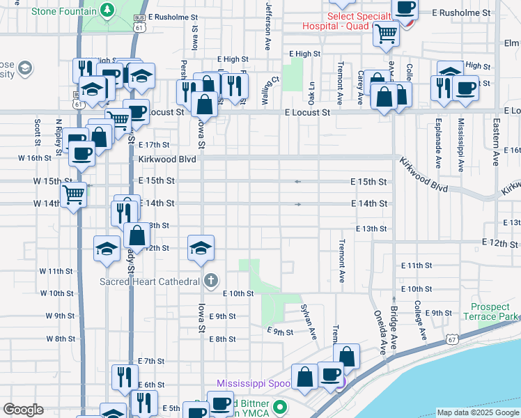 map of restaurants, bars, coffee shops, grocery stores, and more near 628 East 13th Street in Davenport