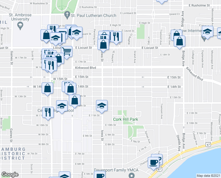 map of restaurants, bars, coffee shops, grocery stores, and more near 1314 Leclaire Street in Davenport