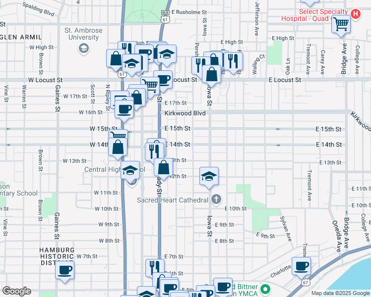 map of restaurants, bars, coffee shops, grocery stores, and more near 1312 Pershing Avenue in Davenport
