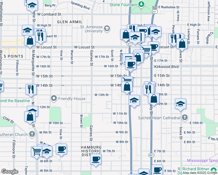 map of restaurants, bars, coffee shops, grocery stores, and more near 1302 Scott Street in Davenport