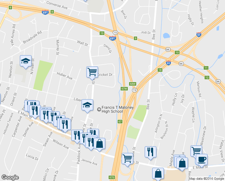 map of restaurants, bars, coffee shops, grocery stores, and more near 73 Sunbright Drive South in Meriden