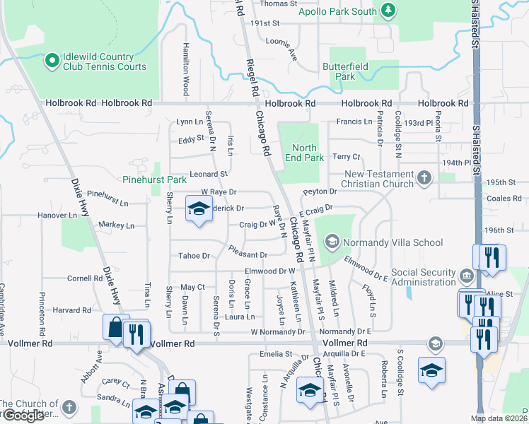 map of restaurants, bars, coffee shops, grocery stores, and more near 177 Craig Drive West in Chicago Heights