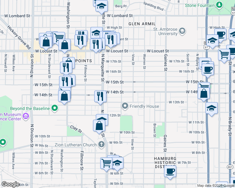 map of restaurants, bars, coffee shops, grocery stores, and more near 1111 West 14th Street in Davenport