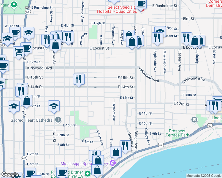 map of restaurants, bars, coffee shops, grocery stores, and more near 925 East 14th Street in Davenport