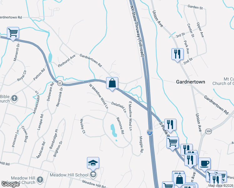 map of restaurants, bars, coffee shops, grocery stores, and more near 309 South Plank Road in Newburgh