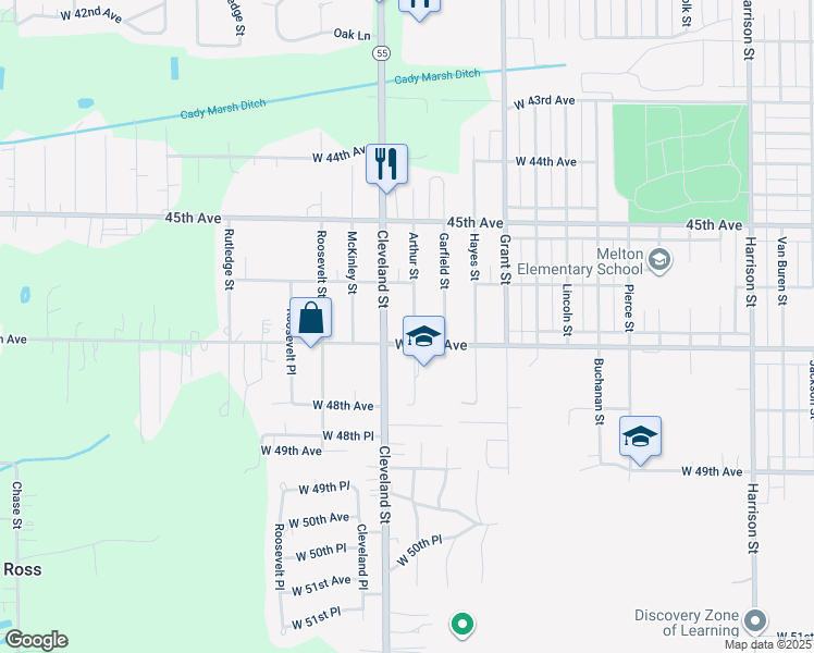map of restaurants, bars, coffee shops, grocery stores, and more near 4682 Arthur St in Gary