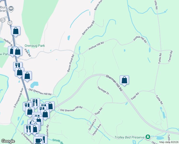 map of restaurants, bars, coffee shops, grocery stores, and more near 5 Parkland Drive in Woodbury