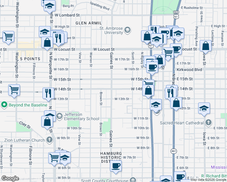 map of restaurants, bars, coffee shops, grocery stores, and more near 1327 Gaines Street in Davenport