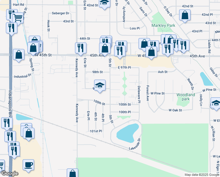 map of restaurants, bars, coffee shops, grocery stores, and more near 3128 99th Street in Highland