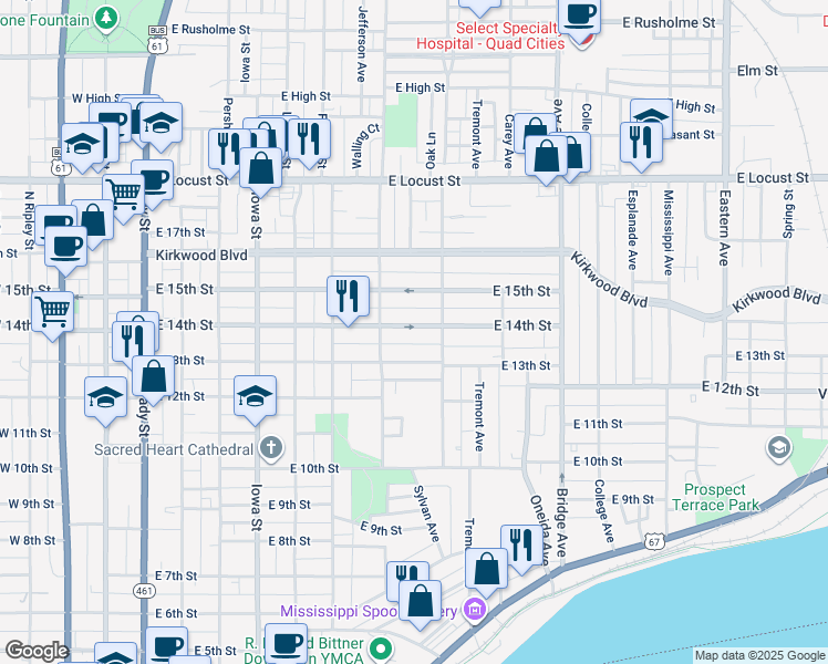 map of restaurants, bars, coffee shops, grocery stores, and more near 801 East 14th Street in Davenport