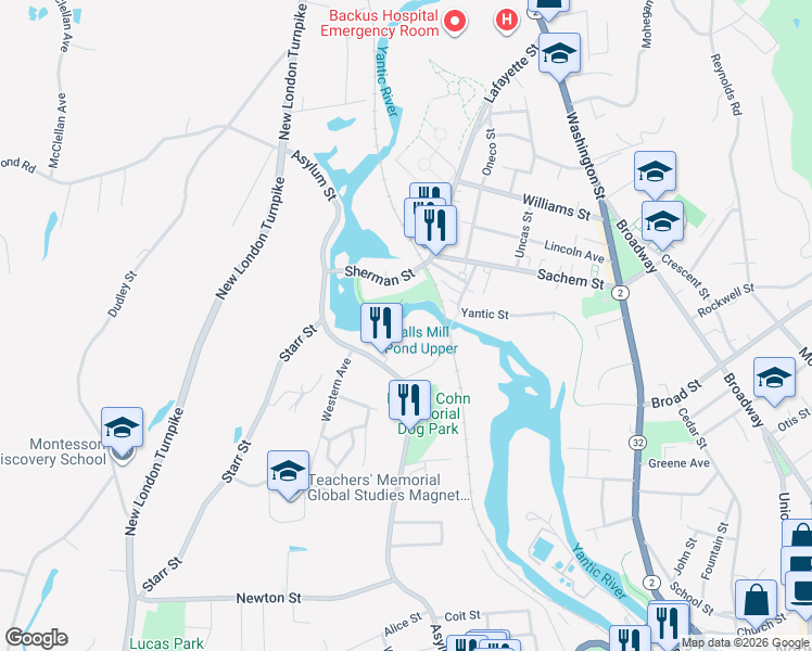 map of restaurants, bars, coffee shops, grocery stores, and more near 343 Asylum Street in Norwich