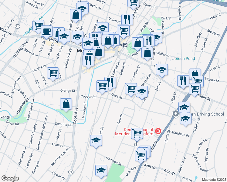 map of restaurants, bars, coffee shops, grocery stores, and more near 30 Olive Street in Meriden