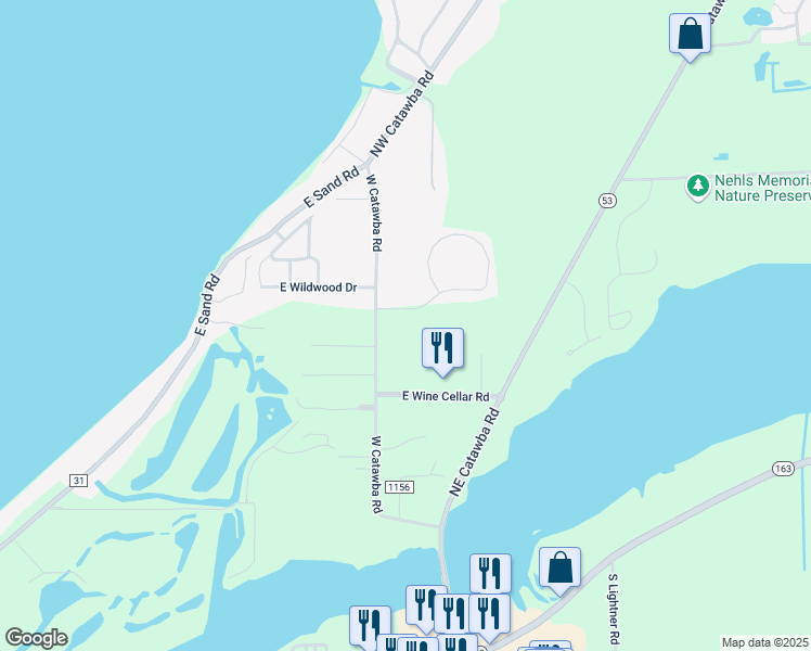 map of restaurants, bars, coffee shops, grocery stores, and more near 3700 East Vineyard Village Drive in Port Clinton