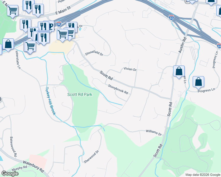 map of restaurants, bars, coffee shops, grocery stores, and more near 85 Stonybrook Road in Waterbury