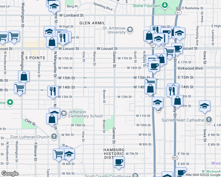 map of restaurants, bars, coffee shops, grocery stores, and more near 1314 Gaines Street in Davenport