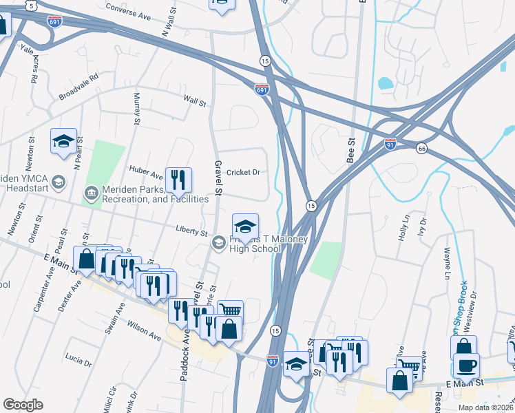 map of restaurants, bars, coffee shops, grocery stores, and more near 73 Sunbright Drive South in Meriden