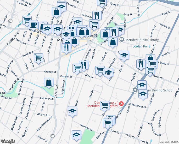 map of restaurants, bars, coffee shops, grocery stores, and more near 30 Olive Street in Meriden