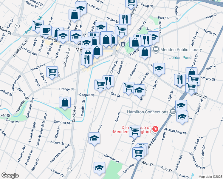 map of restaurants, bars, coffee shops, grocery stores, and more near 30 Olive Street in Meriden