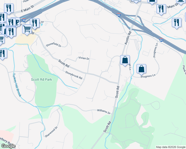 map of restaurants, bars, coffee shops, grocery stores, and more near 506 Scott Road in Waterbury