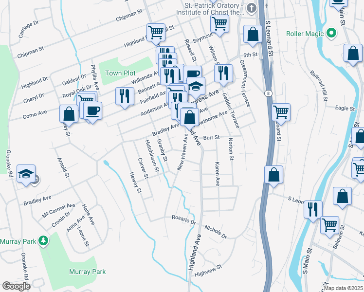 map of restaurants, bars, coffee shops, grocery stores, and more near 67 New Haven Avenue in Waterbury