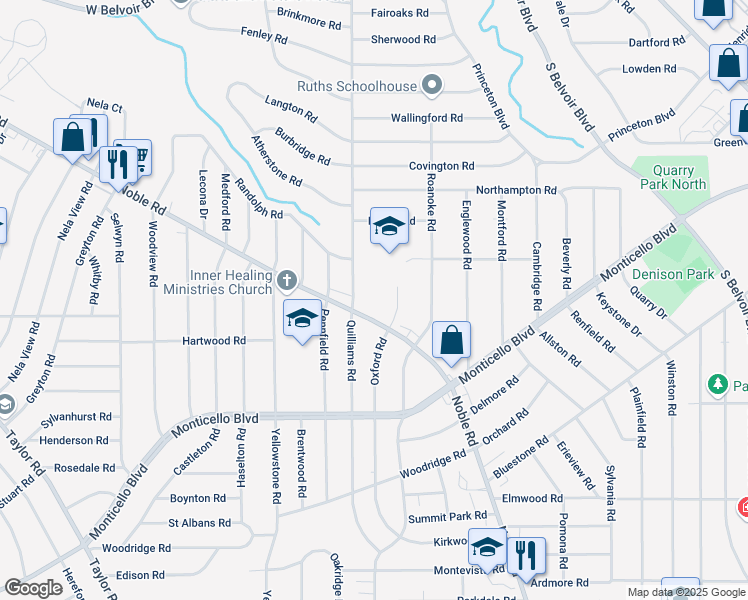 map of restaurants, bars, coffee shops, grocery stores, and more near 2480 Noble Road in Cleveland Heights