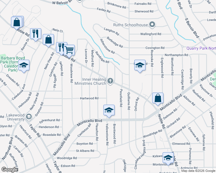 map of restaurants, bars, coffee shops, grocery stores, and more near 1001 Yellowstone Road in Cleveland Heights