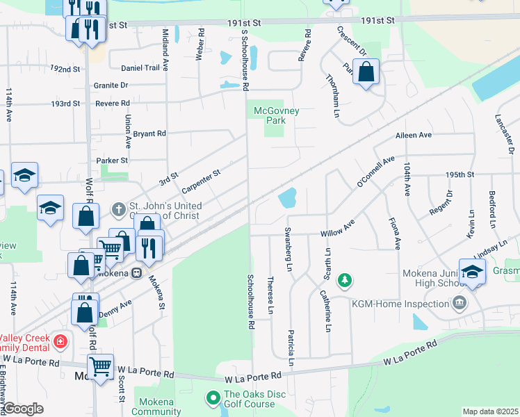 map of restaurants, bars, coffee shops, grocery stores, and more near 10741 Green Meadows Drive in Mokena