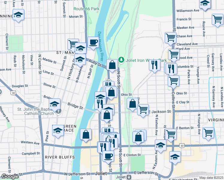 map of restaurants, bars, coffee shops, grocery stores, and more near 500N North Chicago Street in Joliet