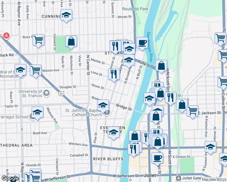 map of restaurants, bars, coffee shops, grocery stores, and more near 518 North Hickory Street in Joliet