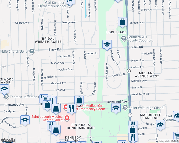 map of restaurants, bars, coffee shops, grocery stores, and more near 2101 Douglas Street in Joliet