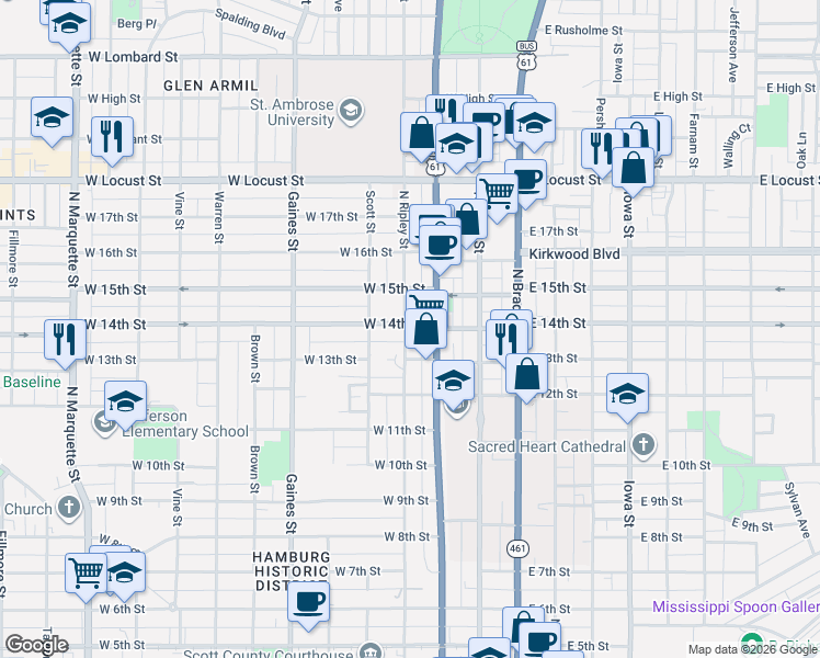 map of restaurants, bars, coffee shops, grocery stores, and more near 1322 North Ripley Street in Davenport