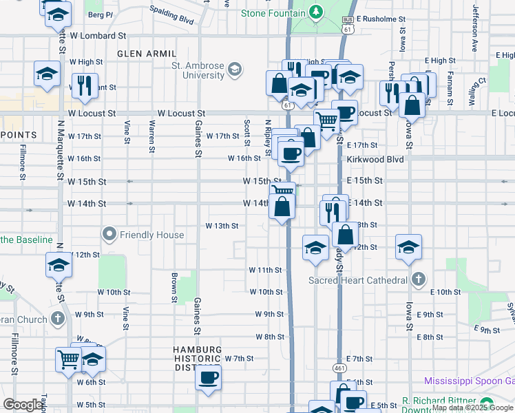 map of restaurants, bars, coffee shops, grocery stores, and more near 1322 North Ripley Street in Davenport