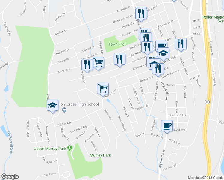 map of restaurants, bars, coffee shops, grocery stores, and more near 180 Bradley Avenue in Waterbury