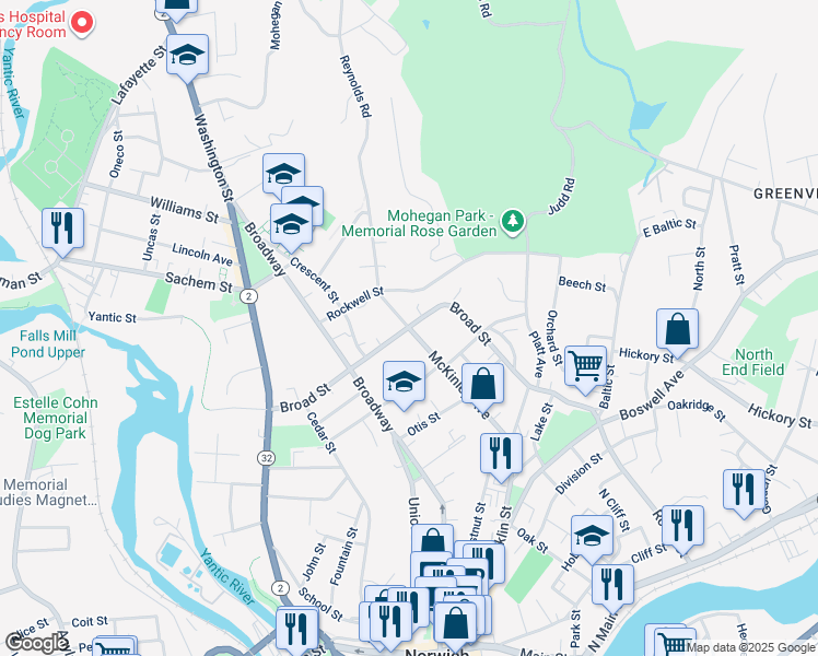 map of restaurants, bars, coffee shops, grocery stores, and more near Broad Street & McKinley Avenue in Norwich