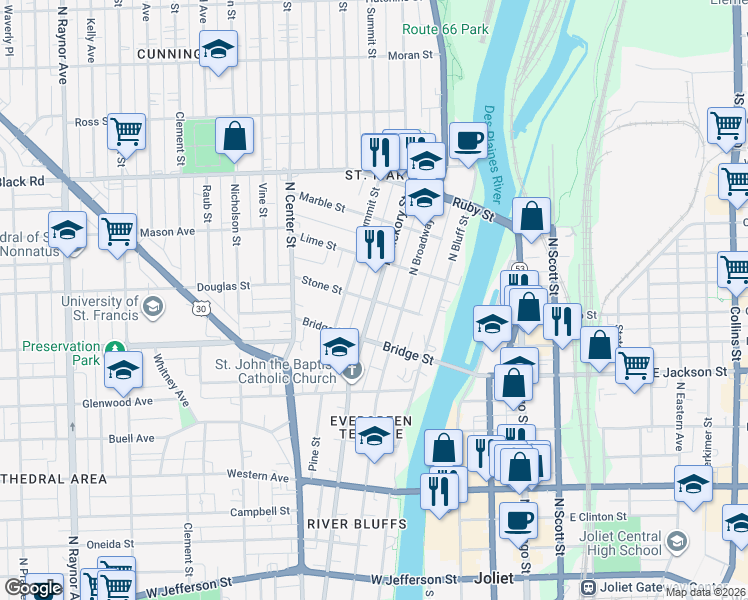 map of restaurants, bars, coffee shops, grocery stores, and more near 518 North Hickory Street in Joliet