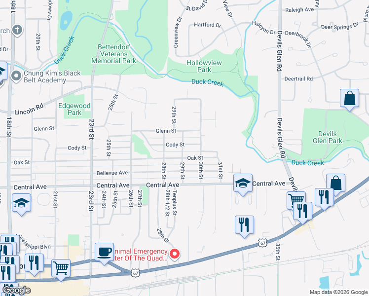 map of restaurants, bars, coffee shops, grocery stores, and more near 2910 Oak Street in Bettendorf
