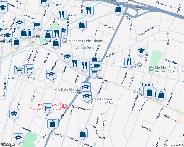 map of restaurants, bars, coffee shops, grocery stores, and more near 512 Broad Street in Meriden