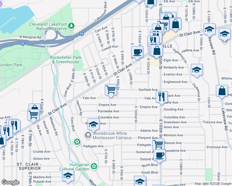 map of restaurants, bars, coffee shops, grocery stores, and more near 9601 Yale Avenue in Cleveland