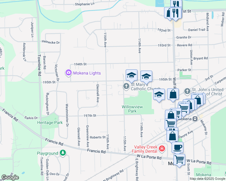 map of restaurants, bars, coffee shops, grocery stores, and more near 19513 116th Avenue in Mokena