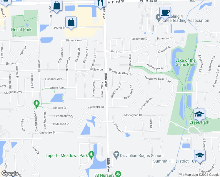 map of restaurants, bars, coffee shops, grocery stores, and more near 19618 Brookridge Drive in Tinley Park