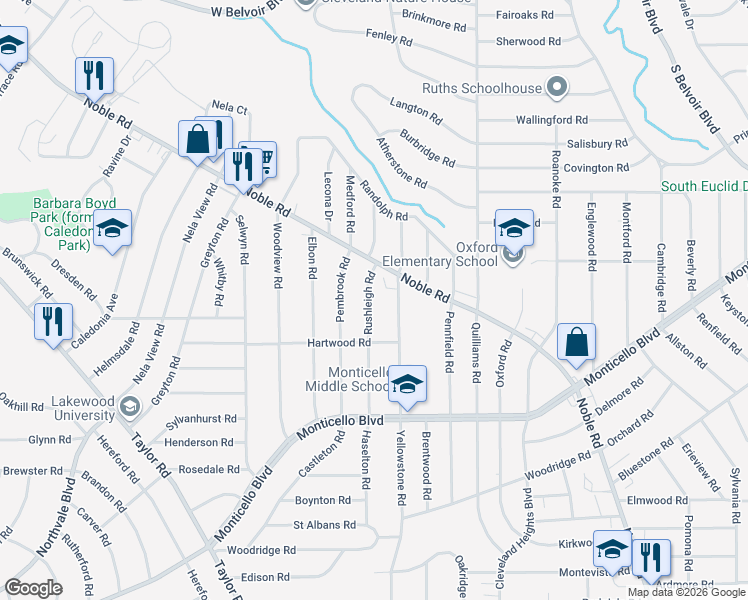map of restaurants, bars, coffee shops, grocery stores, and more near 971 Rushleigh Road in Cleveland Heights