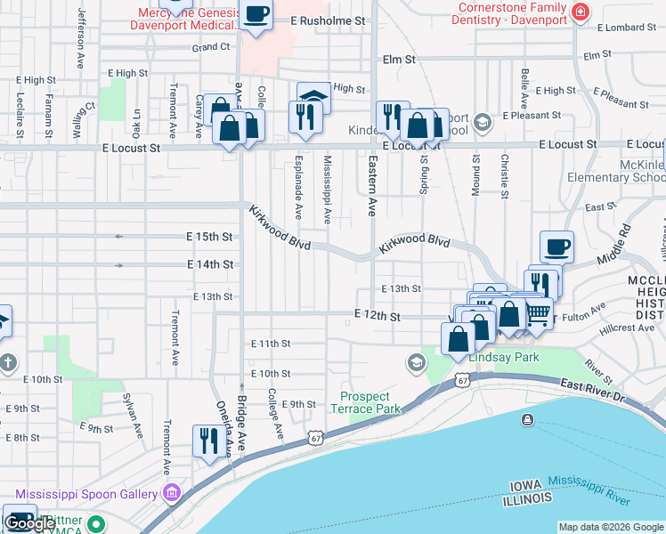 map of restaurants, bars, coffee shops, grocery stores, and more near 1325 Mississippi Avenue in Davenport